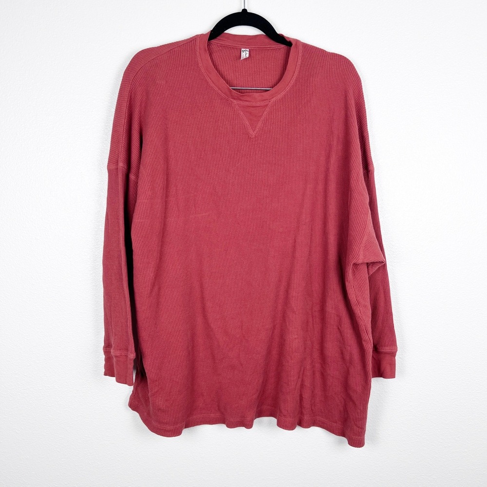 Free People Women Rust Waffle Knit Long Sleeve Tee Oversized Crew Neck S‎